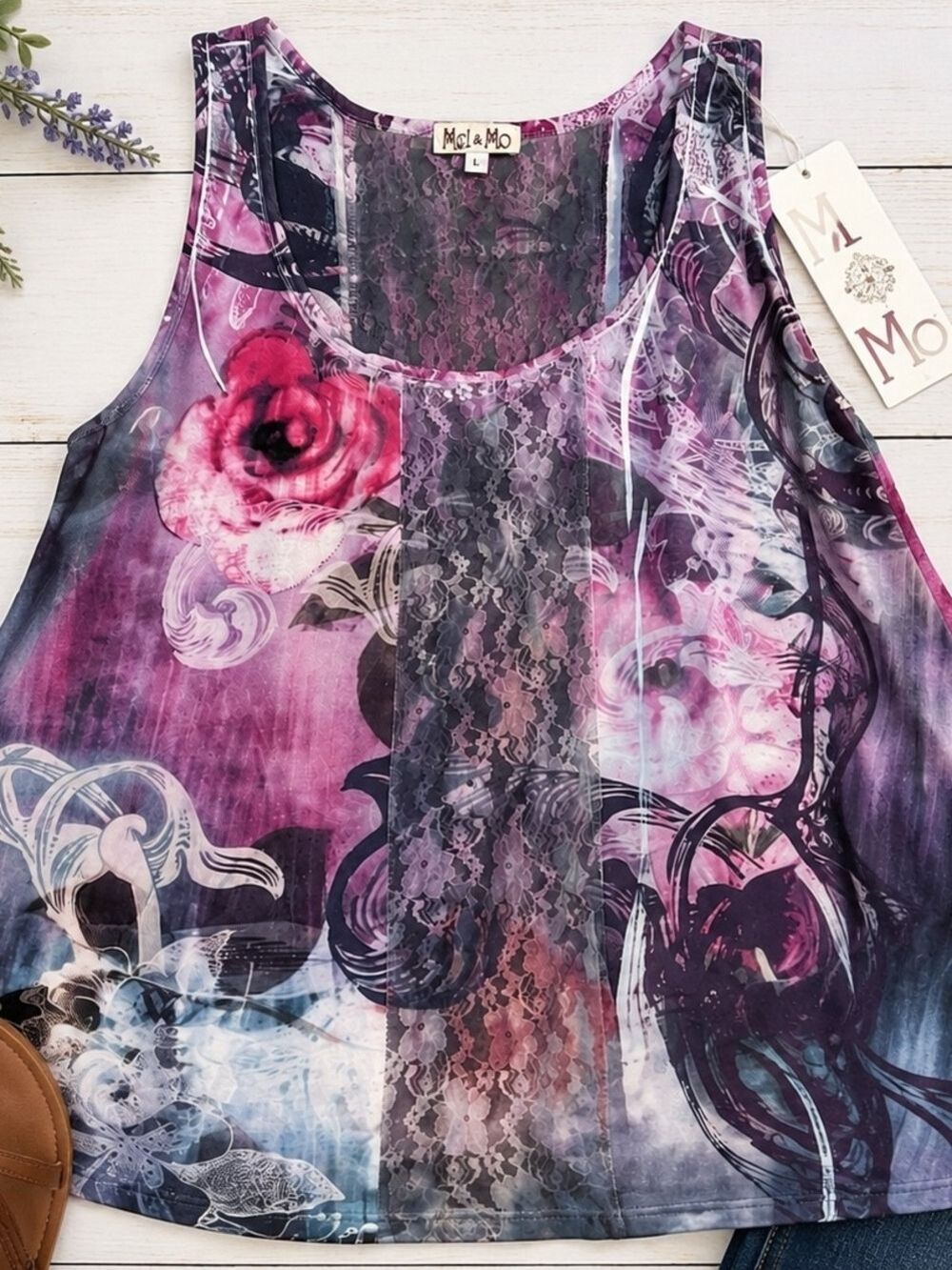 NWT Mel & Mo Floral Lace Print Swing Tank Top Large Sleeveless Romantic